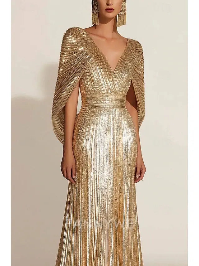 FannyWe - Vestido de noche elegante, sencillo, con lentejuelas doradas, corte A, para boda, formal, largo hasta el suelo, manga corta, cuello en V, capas, tela de lurex con pliegues